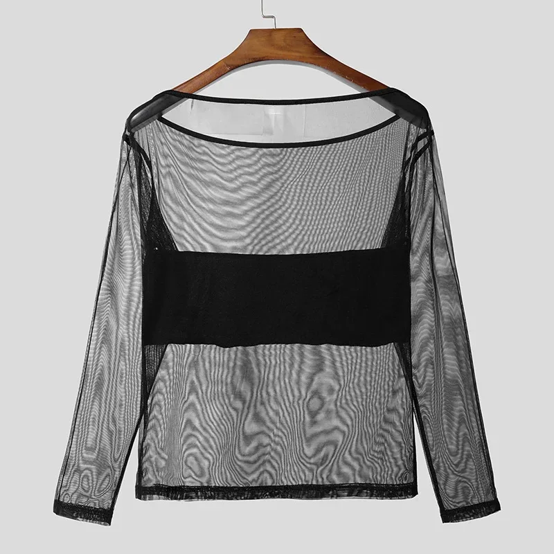Men's Sheer Mesh Off Shoulder T Shirt See Through Long Sleeve Slim Fit Muscle Tees Nightclub Party Wear Sexy Clubwear Tops S-2XL