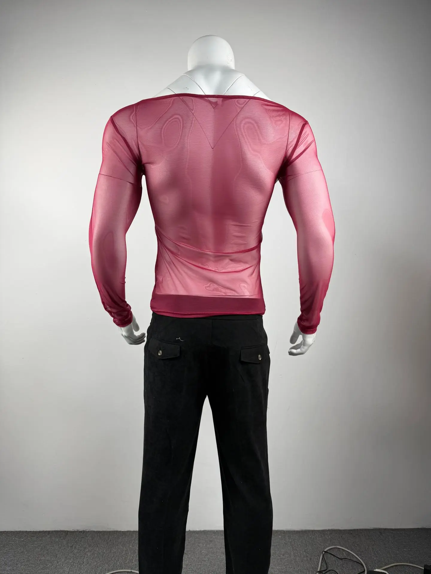 Men's Sheer Mesh Off Shoulder T Shirt See Through Long Sleeve Slim Fit Muscle Tees Nightclub Party Wear Sexy Clubwear Tops S-2XL