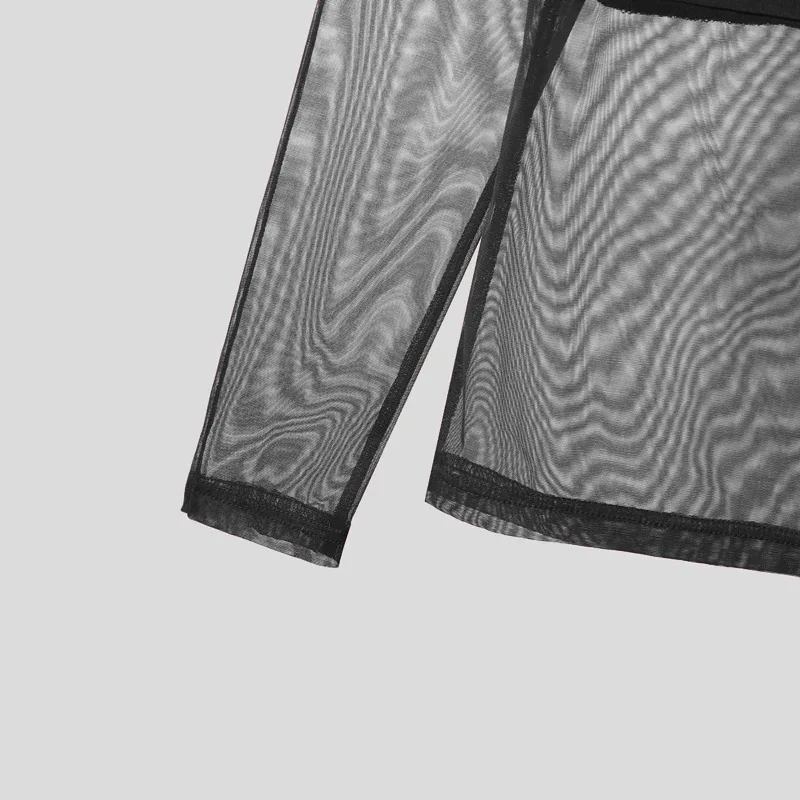 Men's Sheer Mesh Off Shoulder T Shirt See Through Long Sleeve Slim Fit Muscle Tees Nightclub Party Wear Sexy Clubwear Tops S-2XL