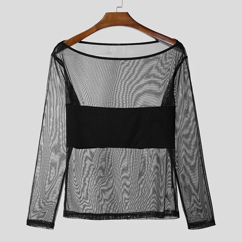 Men's Sheer Mesh Off Shoulder T Shirt See Through Long Sleeve Slim Fit Muscle Tees Nightclub Party Wear Sexy Clubwear Tops S-2XL