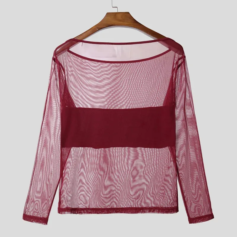 Men's Sheer Mesh Off Shoulder T Shirt See Through Long Sleeve Slim Fit Muscle Tees Nightclub Party Wear Sexy Clubwear Tops S-2XL