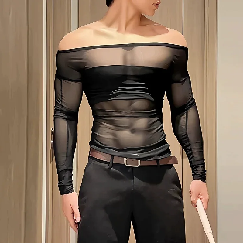 Men's Sheer Mesh Off Shoulder T Shirt See Through Long Sleeve Slim Fit Muscle Tees Nightclub Party Wear Sexy Clubwear Tops S-2XL