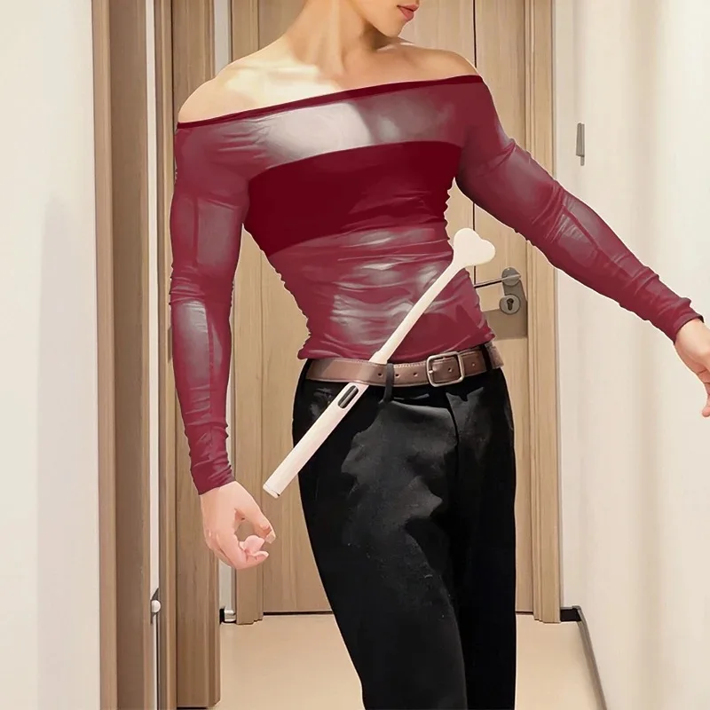 Men's Sheer Mesh Off Shoulder T Shirt See Through Long Sleeve Slim Fit Muscle Tees Nightclub Party Wear Sexy Clubwear Tops S-2XL