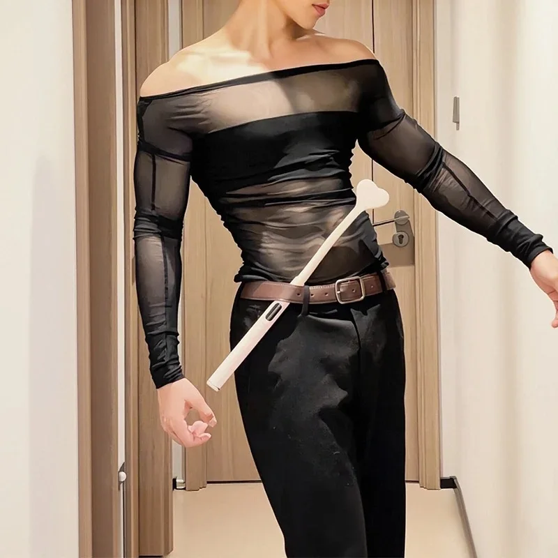 Men's Sheer Mesh Off Shoulder T Shirt See Through Long Sleeve Slim Fit Muscle Tees Nightclub Party Wear Sexy Clubwear Tops S-2XL