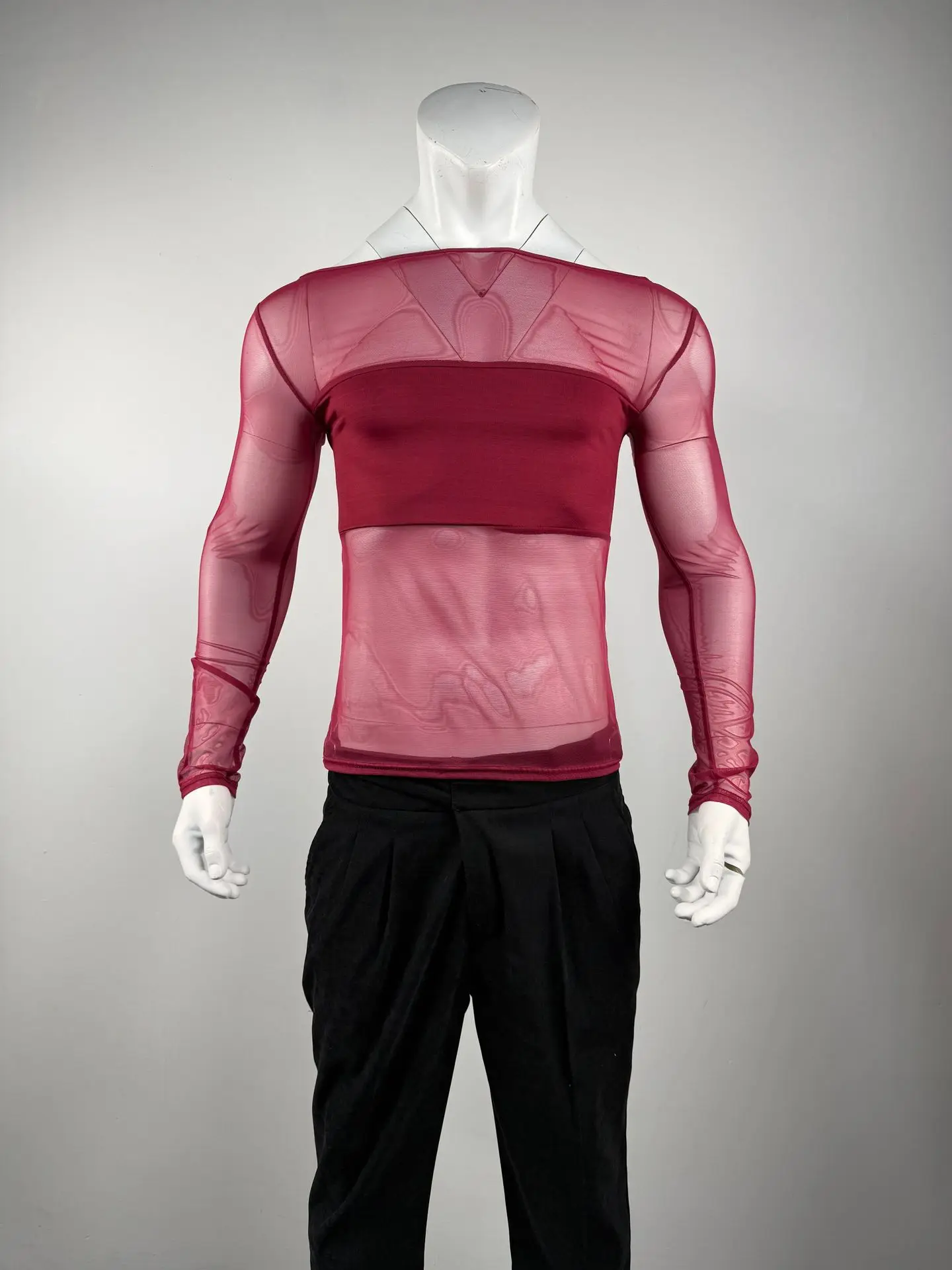 Men's Sheer Mesh Off Shoulder T Shirt See Through Long Sleeve Slim Fit Muscle Tees Nightclub Party Wear Sexy Clubwear Tops S-2XL