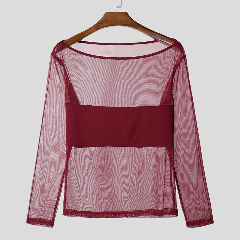 Men's Sheer Mesh Off Shoulder T Shirt See Through Long Sleeve Slim Fit Muscle Tees Nightclub Party Wear Sexy Clubwear Tops S-2XL