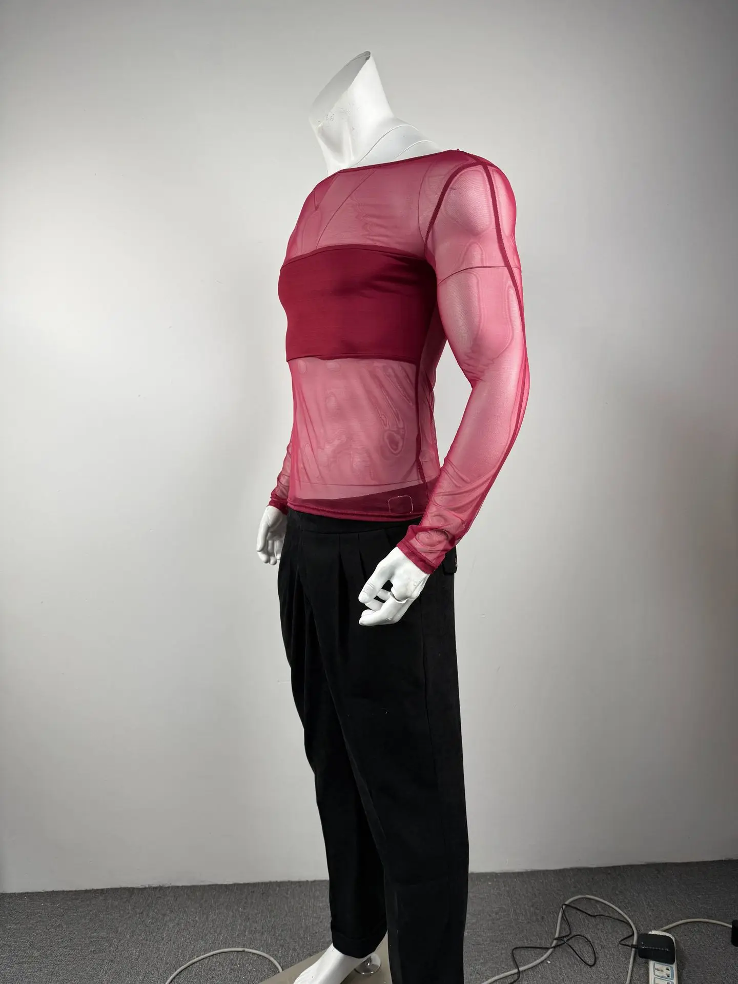 Men's Sheer Mesh Off Shoulder T Shirt See Through Long Sleeve Slim Fit Muscle Tees Nightclub Party Wear Sexy Clubwear Tops S-2XL
