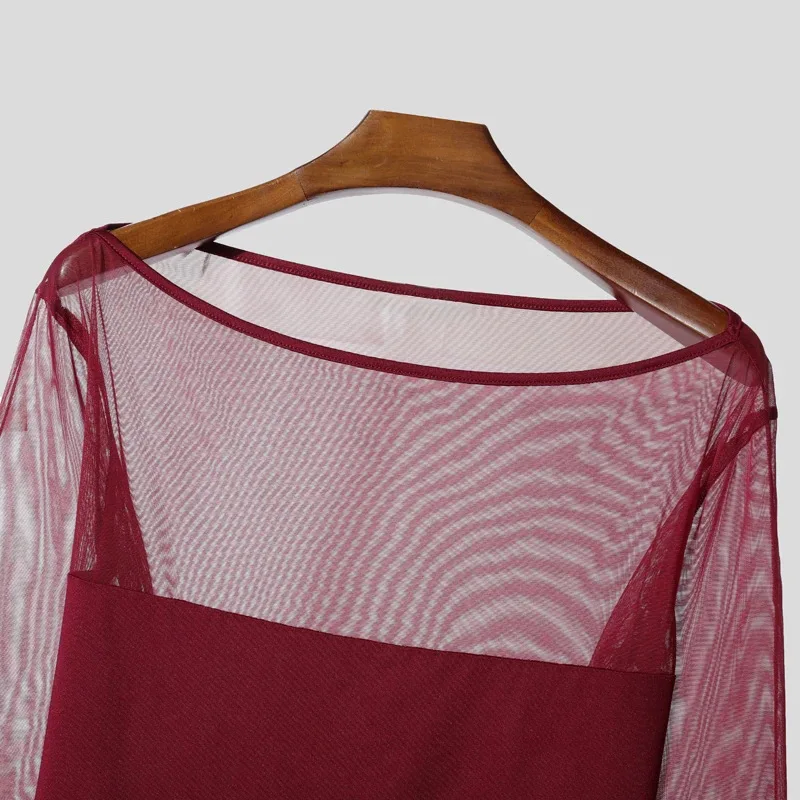 Men's Sheer Mesh Off Shoulder T Shirt See Through Long Sleeve Slim Fit Muscle Tees Nightclub Party Wear Sexy Clubwear Tops S-2XL