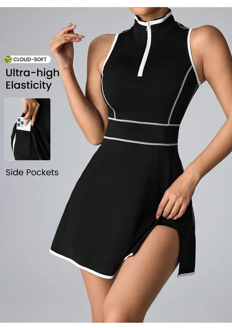 Summer Women Dress Outdoor Running Suit Lapel Collar Zipper Dress Female Sleeveless quick drying Soft Yoga Skirts Daily Wear