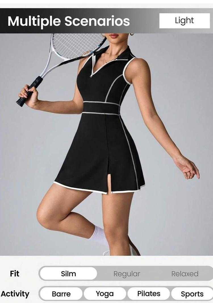 Summer Women Dress Outdoor Running Suit Lapel Collar Zipper Dress Female Sleeveless quick drying Soft Yoga Skirts Daily Wear