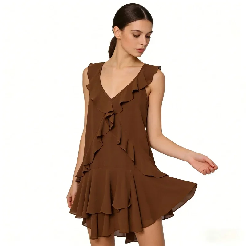 Women's Dress Spring Summer 2026 V-Neck Layered Decorative Strap Mini Dress Casual Loose Fit Natural Waist Sleeveless Dress