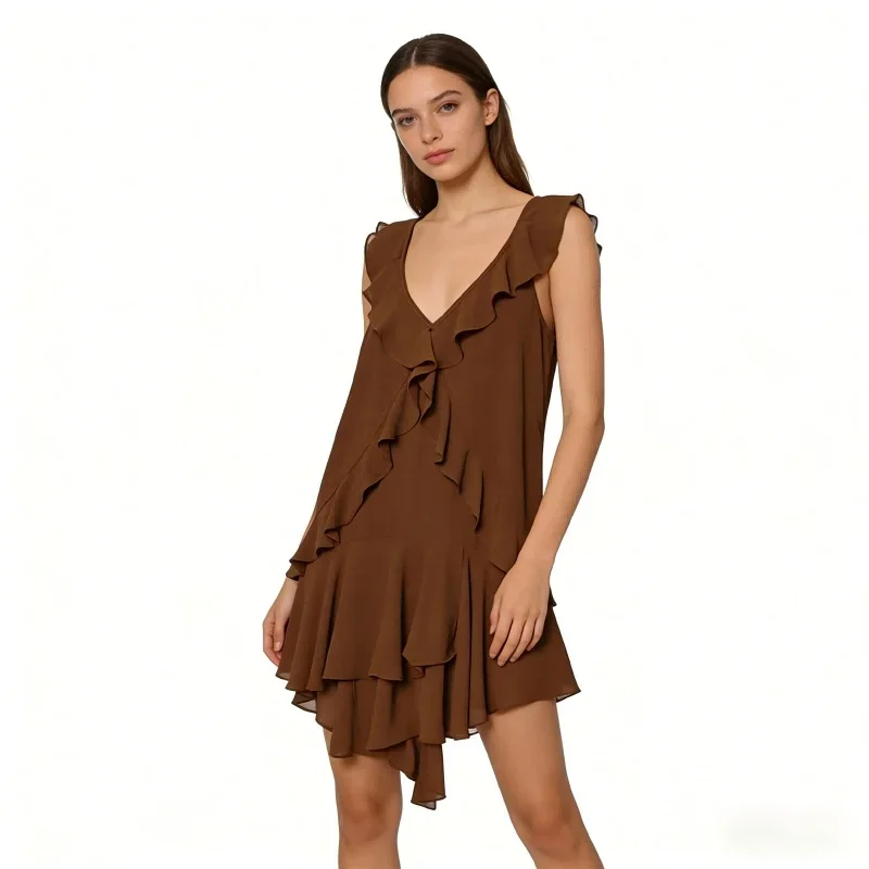 Women's Dress Spring Summer 2026 V-Neck Layered Decorative Strap Mini Dress Casual Loose Fit Natural Waist Sleeveless Dress