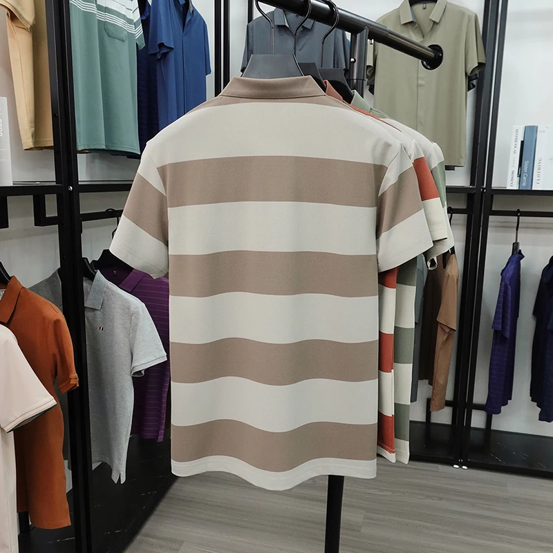 Summer High-end Brand Horse Logo Embroidered Short Sleeved T-shirt Men's Lapel Polo Shirt Striped Skin Friendly Cotton Top