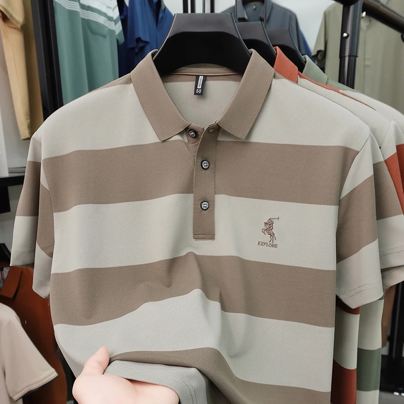 Summer High-end Brand Horse Logo Embroidered Short Sleeved T-shirt Men's Lapel Polo Shirt Striped Skin Friendly Cotton Top