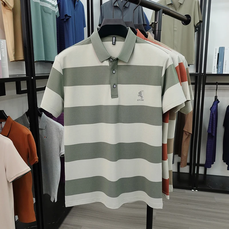 Summer High-end Brand Horse Logo Embroidered Short Sleeved T-shirt Men's Lapel Polo Shirt Striped Skin Friendly Cotton Top