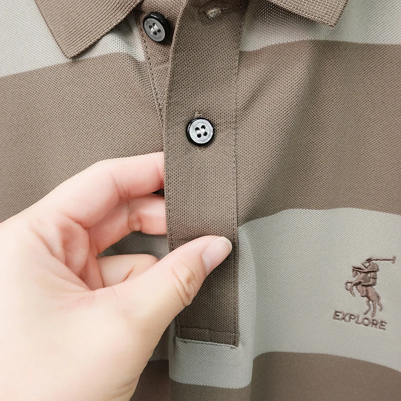 Summer High-end Brand Horse Logo Embroidered Short Sleeved T-shirt Men's Lapel Polo Shirt Striped Skin Friendly Cotton Top