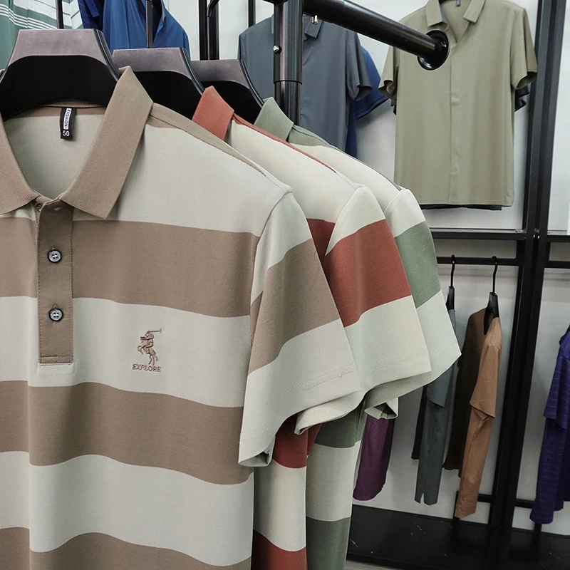 Summer High-end Brand Horse Logo Embroidered Short Sleeved T-shirt Men's Lapel Polo Shirt Striped Skin Friendly Cotton Top