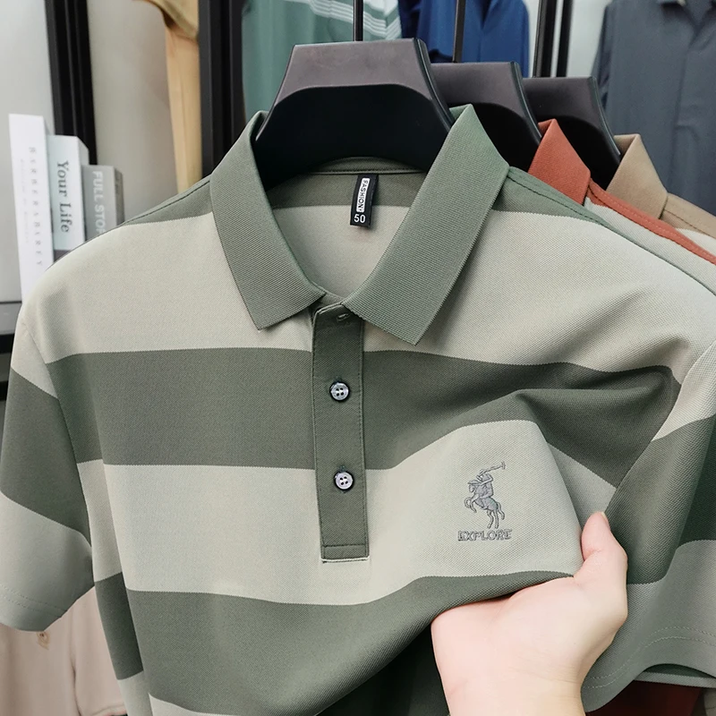 Summer High-end Brand Horse Logo Embroidered Short Sleeved T-shirt Men's Lapel Polo Shirt Striped Skin Friendly Cotton Top