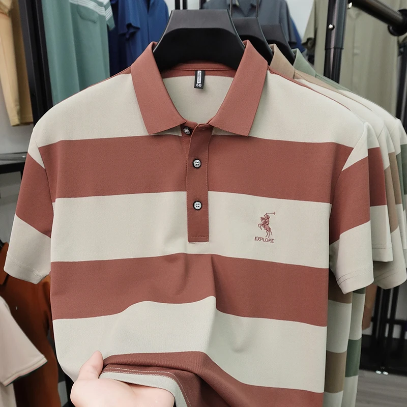 Summer High-end Brand Horse Logo Embroidered Short Sleeved T-shirt Men's Lapel Polo Shirt Striped Skin Friendly Cotton Top