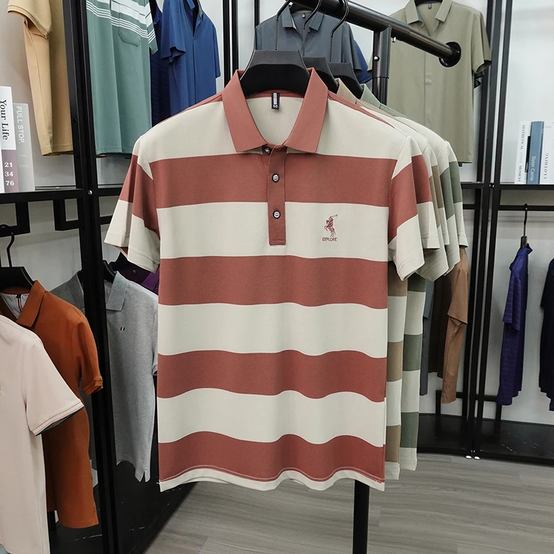 Summer High-end Brand Horse Logo Embroidered Short Sleeved T-shirt Men's Lapel Polo Shirt Striped Skin Friendly Cotton Top