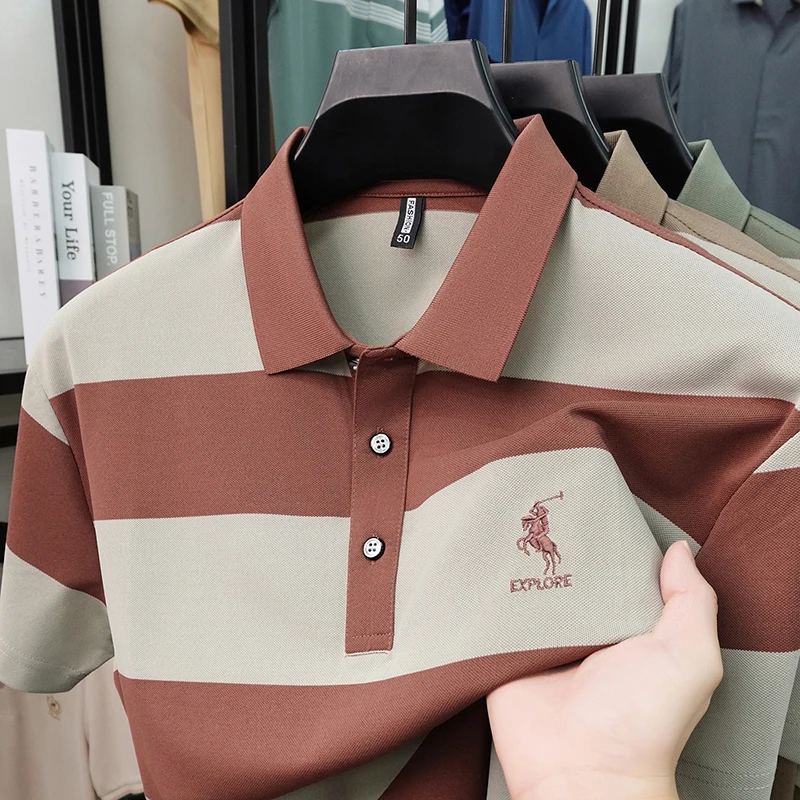 Summer High-end Brand Horse Logo Embroidered Short Sleeved T-shirt Men's Lapel Polo Shirt Striped Skin Friendly Cotton Top