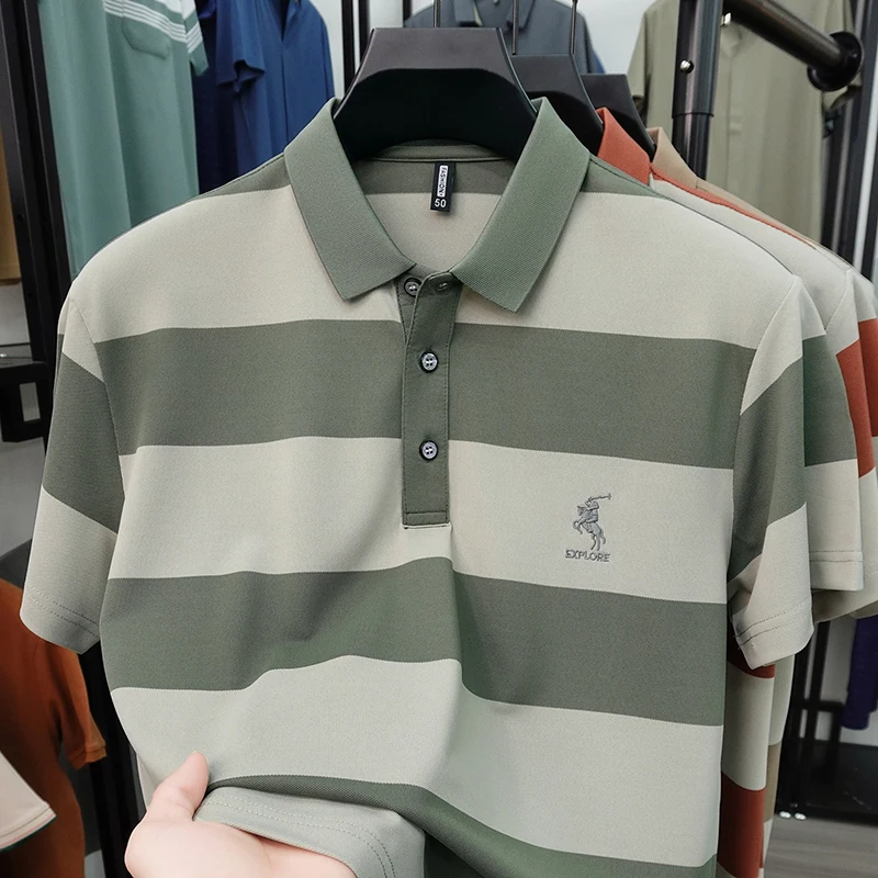 Summer High-end Brand Horse Logo Embroidered Short Sleeved T-shirt Men's Lapel Polo Shirt Striped Skin Friendly Cotton Top