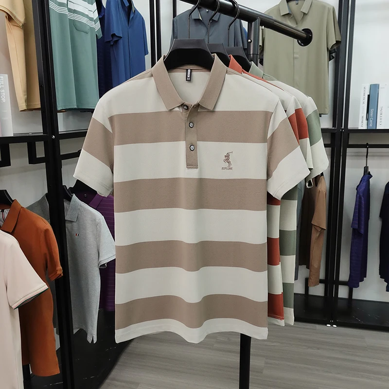 Summer High-end Brand Horse Logo Embroidered Short Sleeved T-shirt Men's Lapel Polo Shirt Striped Skin Friendly Cotton Top