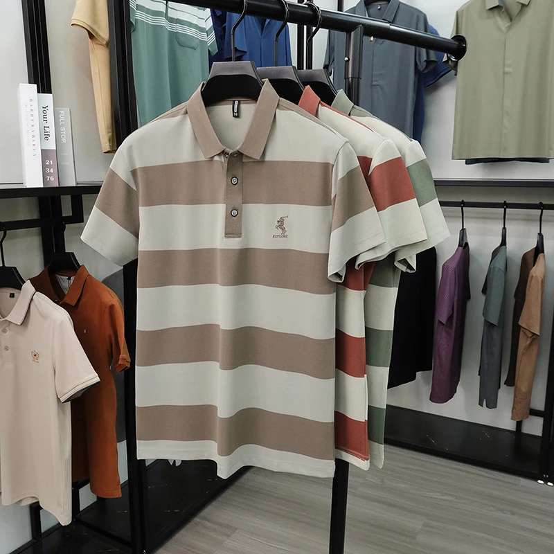 Summer High-end Brand Horse Logo Embroidered Short Sleeved T-shirt Men's Lapel Polo Shirt Striped Skin Friendly Cotton Top