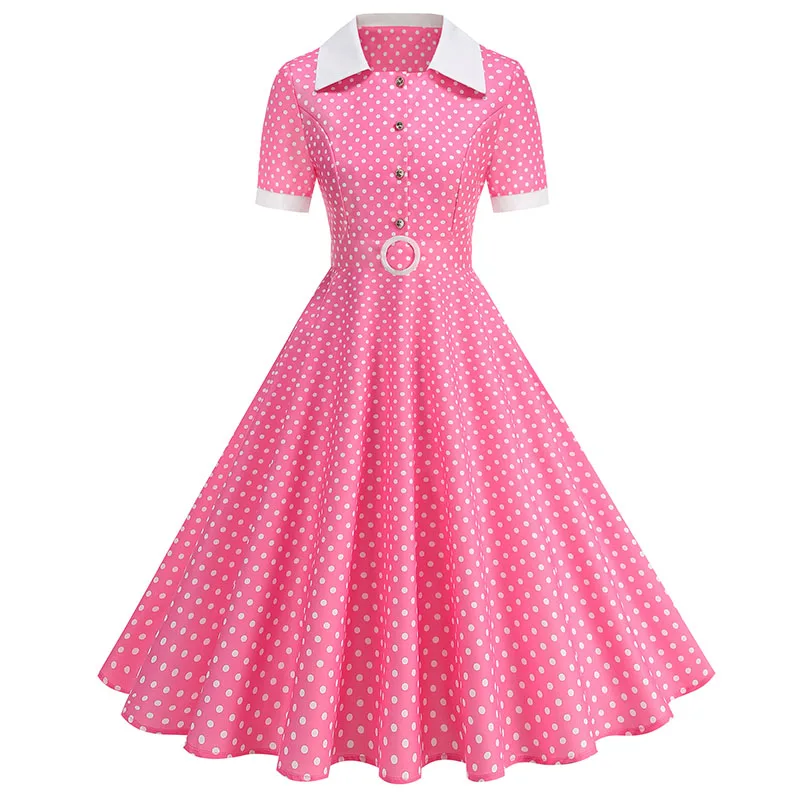 Vintage Women's Summer Dress Polka Dot Peter Pan Collar Sweet Short Sleeve A-Line for Diner & Party