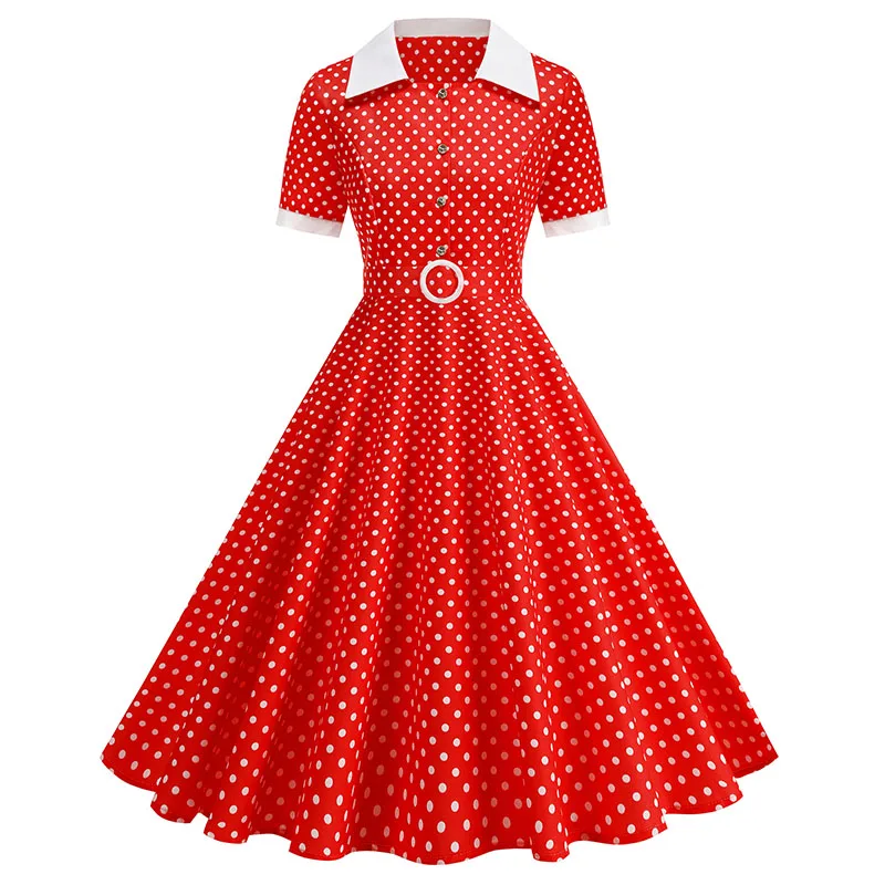 Vintage Women's Summer Dress Polka Dot Peter Pan Collar Sweet Short Sleeve A-Line for Diner & Party