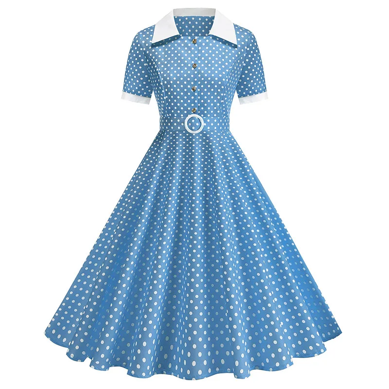 Vintage Women's Summer Dress Polka Dot Peter Pan Collar Sweet Short Sleeve A-Line for Diner & Party
