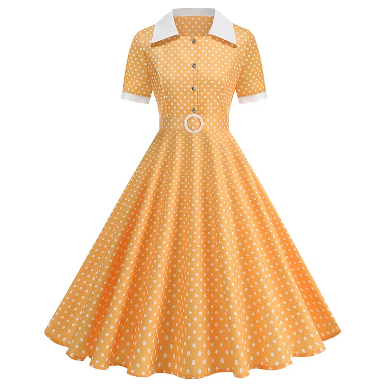 Vintage Women's Summer Dress Polka Dot Peter Pan Collar Sweet Short Sleeve A-Line for Diner & Party