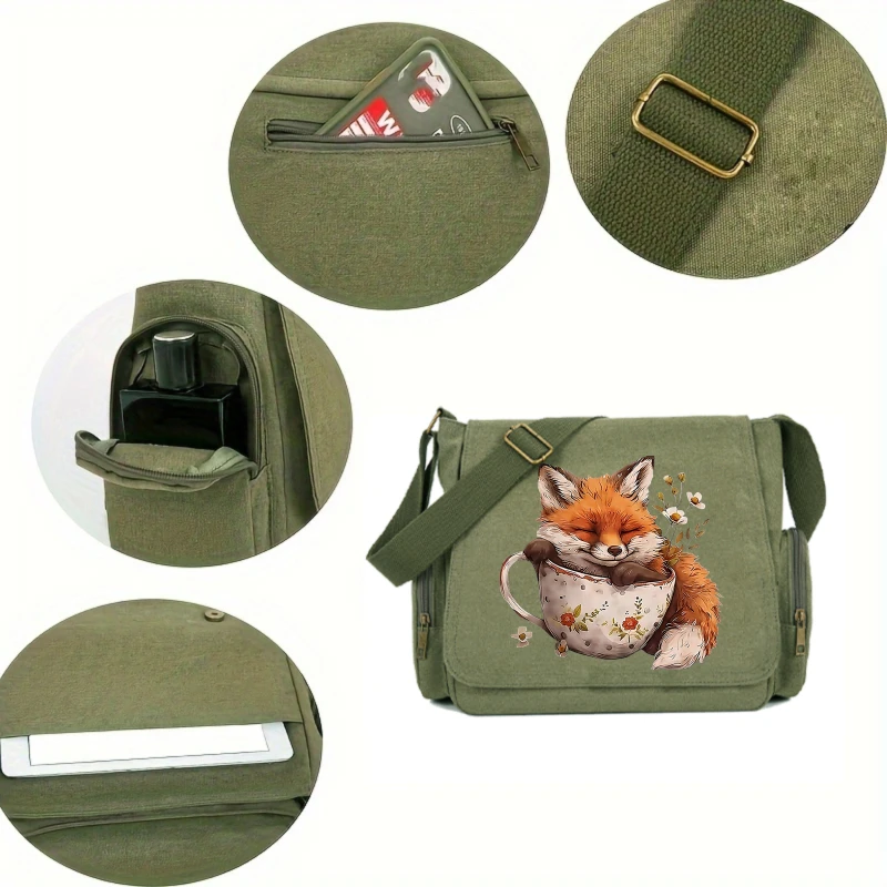 Casual Womens Messenger Bag Canvas Fox Print Large Capacity Crossbody Bag Daily Use Womens Shoulder Bag