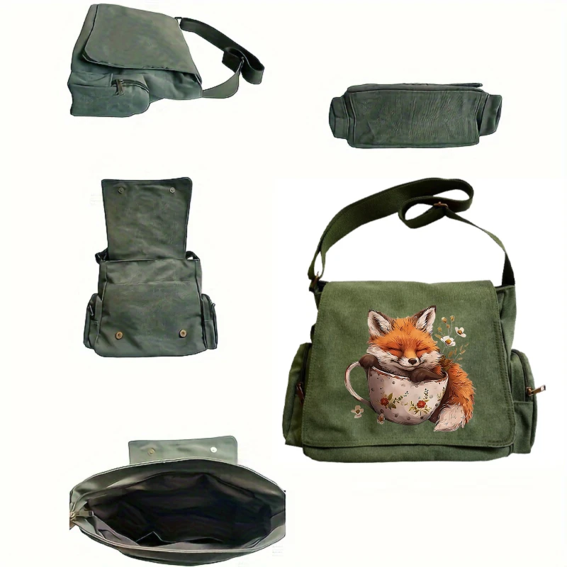 Casual Womens Messenger Bag Canvas Fox Print Large Capacity Crossbody Bag Daily Use Womens Shoulder Bag