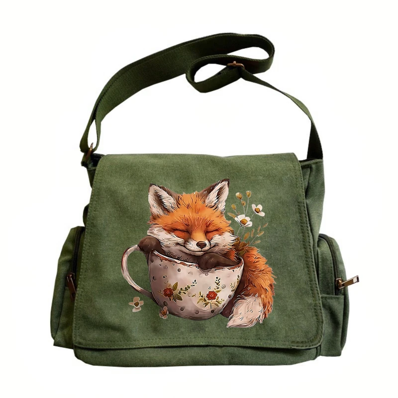 Casual Womens Messenger Bag Canvas Fox Print Large Capacity Crossbody Bag Daily Use Womens Shoulder Bag