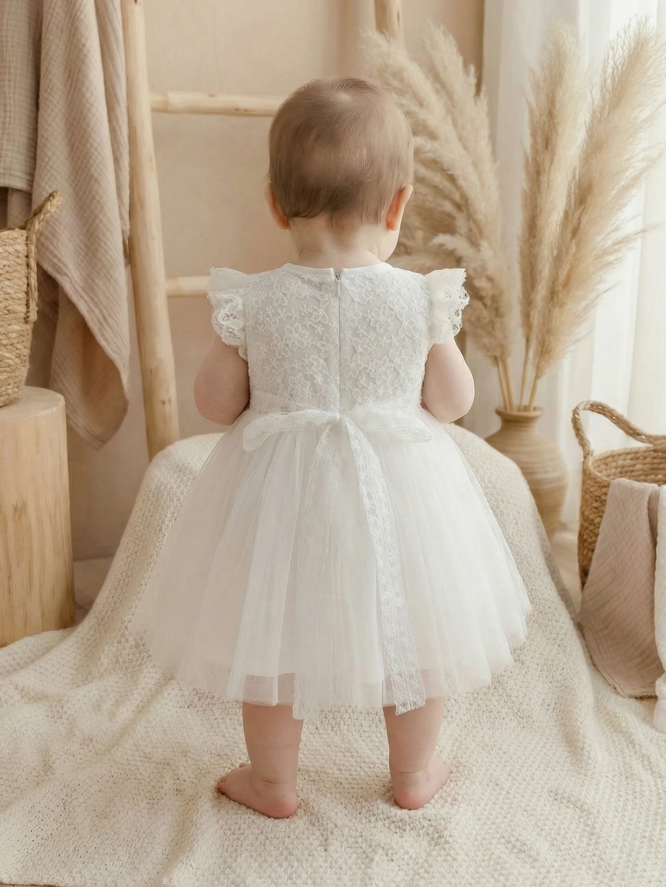 Baby Girl, 0-2 Years Old, White Dress with Lace Trim and Floral Embroidery, Fluffy Net Fabric, for Baptism, with a Hat