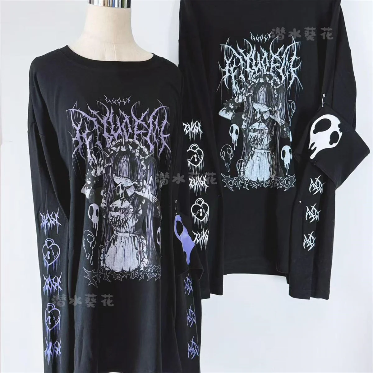 Original Crew Neck Black Y2K Long Sleeve T-Shirt Japanese Subculture Anime Print T Shirt Spring Autumn New Loose Versatile Tops