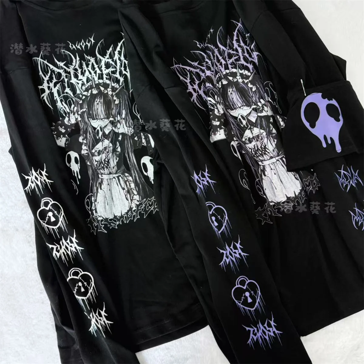 Original Crew Neck Black Y2K Long Sleeve T-Shirt Japanese Subculture Anime Print T Shirt Spring Autumn New Loose Versatile Tops
