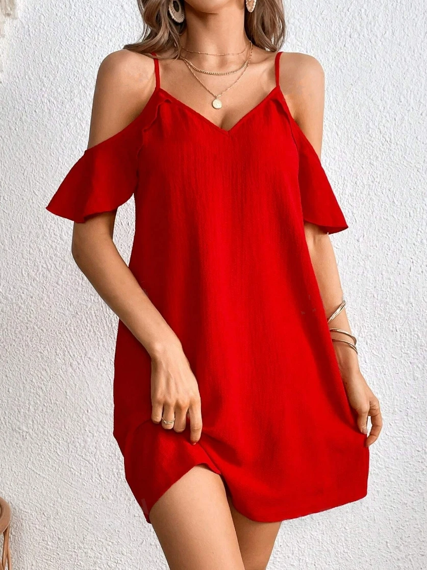 Women's Red Cold Shoulder Cami Dress Spaghetti Strap V Neck Ruffle Sleeve Loose Fit Casual Spring Summer Beach Mini Dress