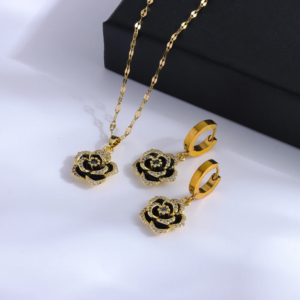Luxury Romantic Black Rose Necklace Earrings For Women 18K Gold Plated Stainless Steel Jewelry Set Female Neck Chain Accessories