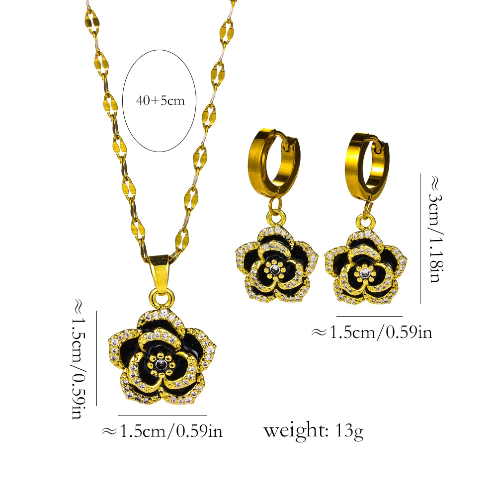 Luxury Romantic Black Rose Necklace Earrings For Women 18K Gold Plated Stainless Steel Jewelry Set Female Neck Chain Accessories