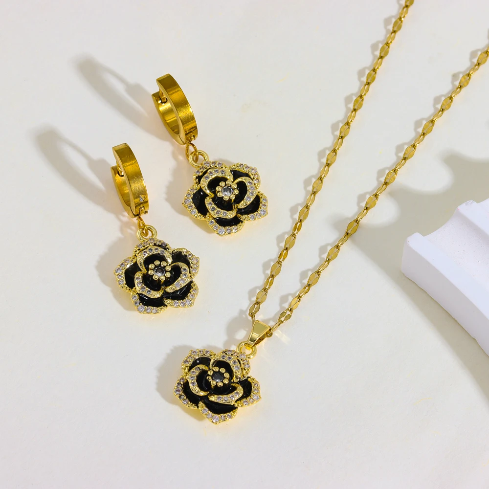 Luxury Romantic Black Rose Necklace Earrings For Women 18K Gold Plated Stainless Steel Jewelry Set Female Neck Chain Accessories