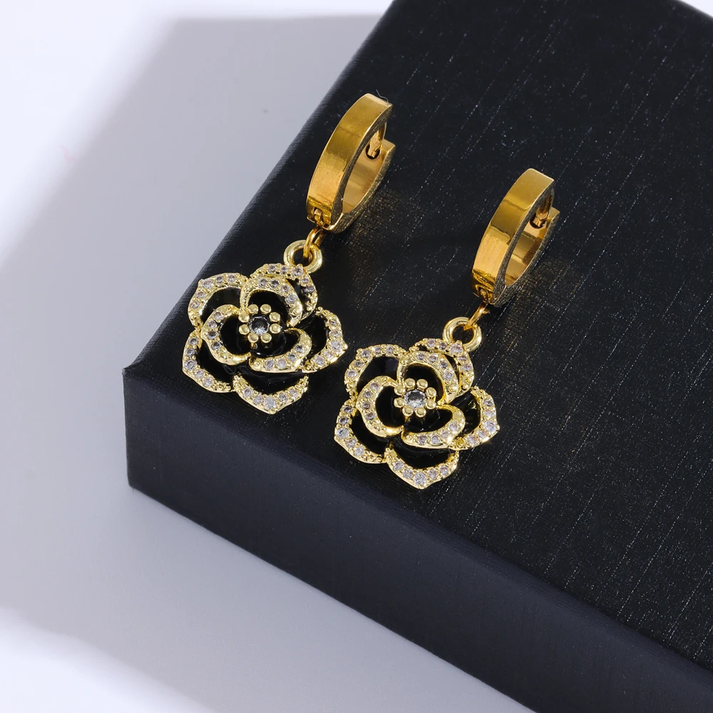 Luxury Romantic Black Rose Necklace Earrings For Women 18K Gold Plated Stainless Steel Jewelry Set Female Neck Chain Accessories