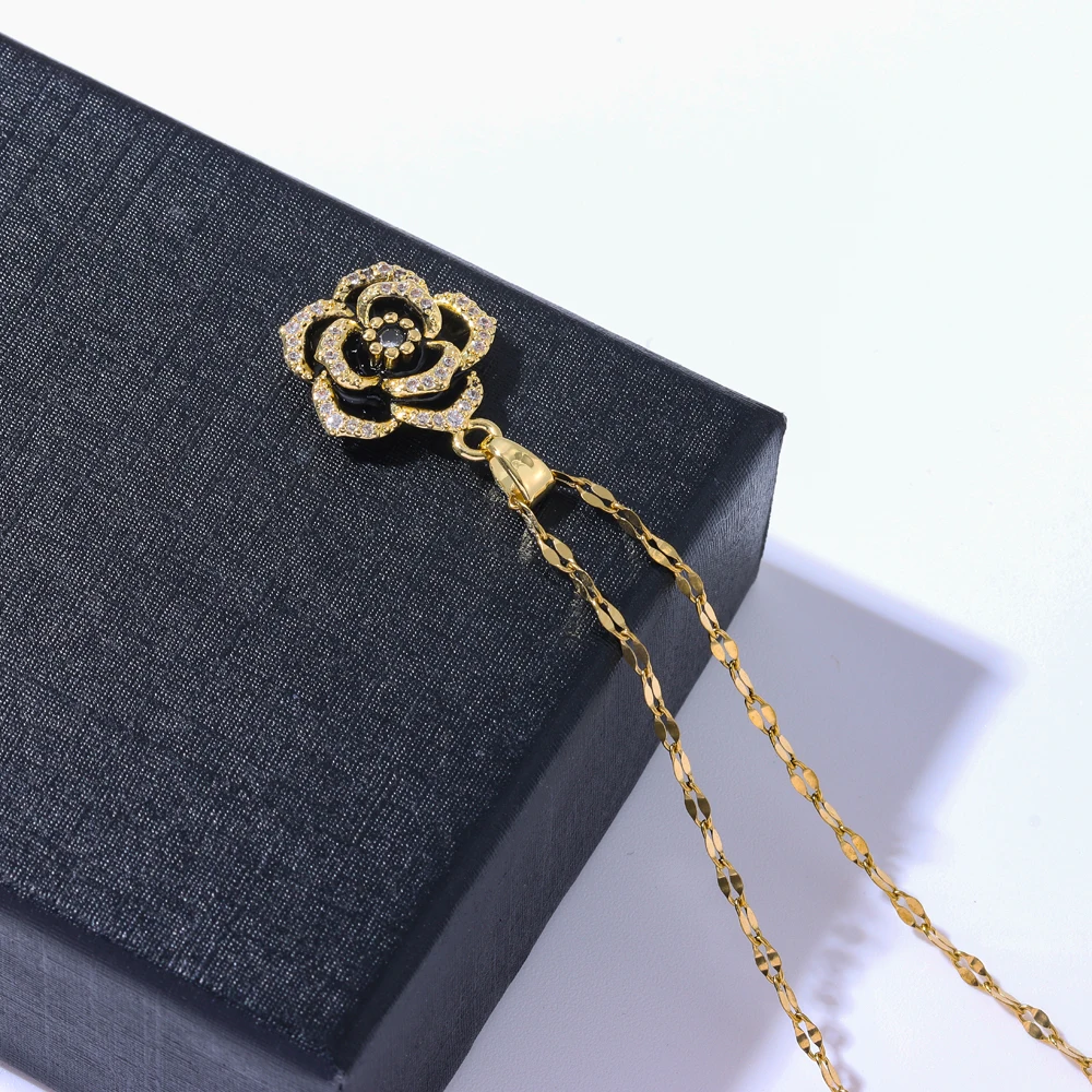 Luxury Romantic Black Rose Necklace Earrings For Women 18K Gold Plated Stainless Steel Jewelry Set Female Neck Chain Accessories