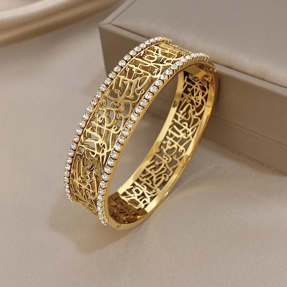 AENSOA High Quality Non-Fading Cuff Bangles For Women Men Unique Exquisite Carving Hollow Out Design Rhinestone Bracelet Jewelry