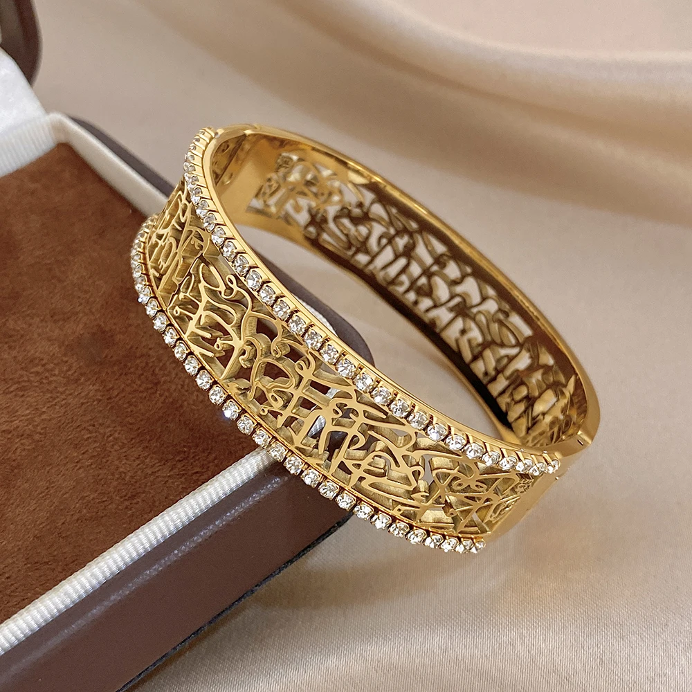 AENSOA High Quality Non-Fading Cuff Bangles For Women Men Unique Exquisite Carving Hollow Out Design Rhinestone Bracelet Jewelry