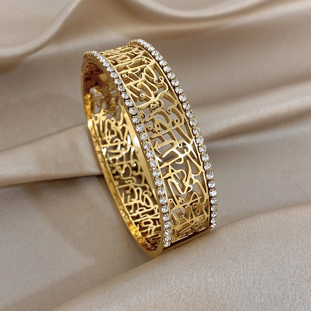 AENSOA High Quality Non-Fading Cuff Bangles For Women Men Unique Exquisite Carving Hollow Out Design Rhinestone Bracelet Jewelry