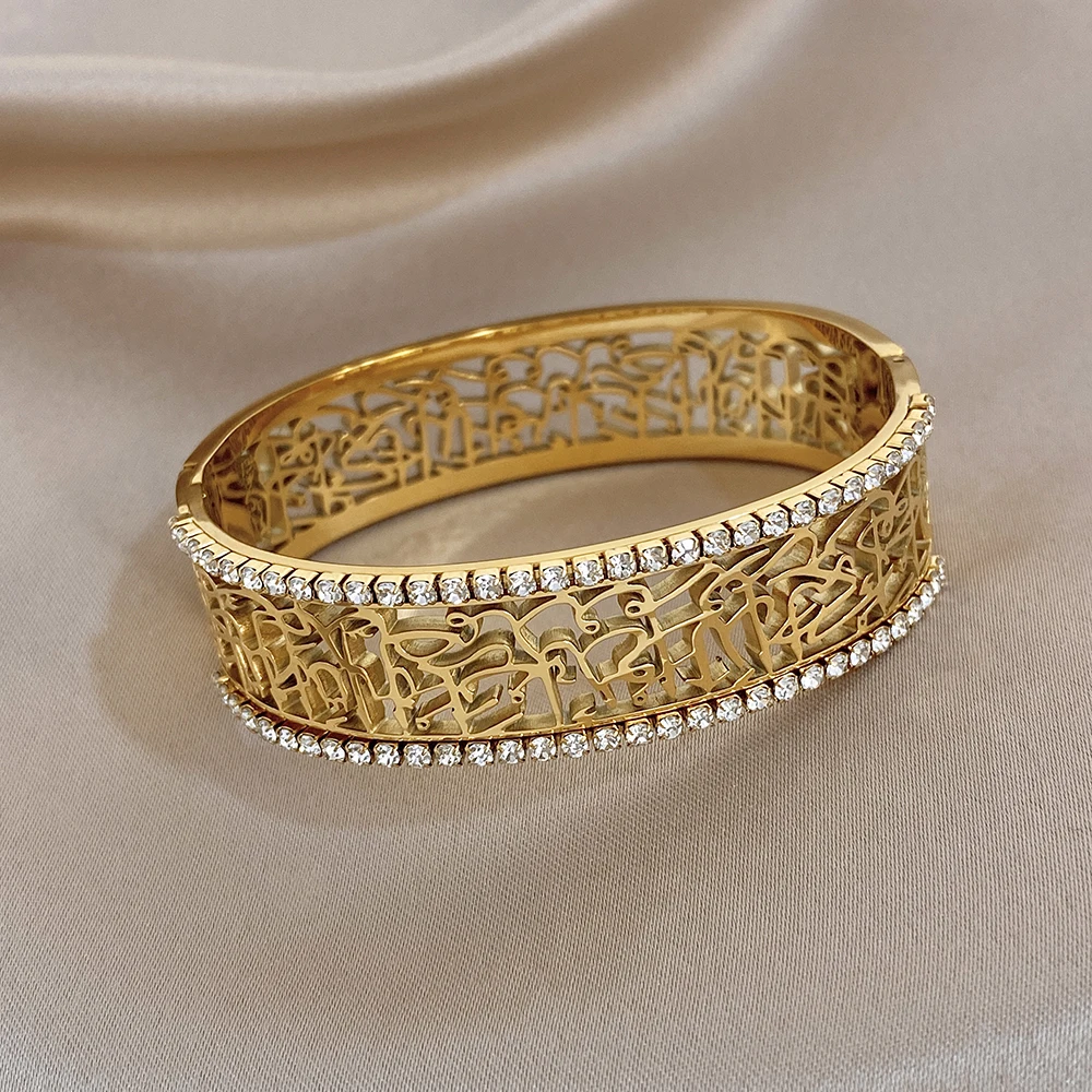 AENSOA High Quality Non-Fading Cuff Bangles For Women Men Unique Exquisite Carving Hollow Out Design Rhinestone Bracelet Jewelry