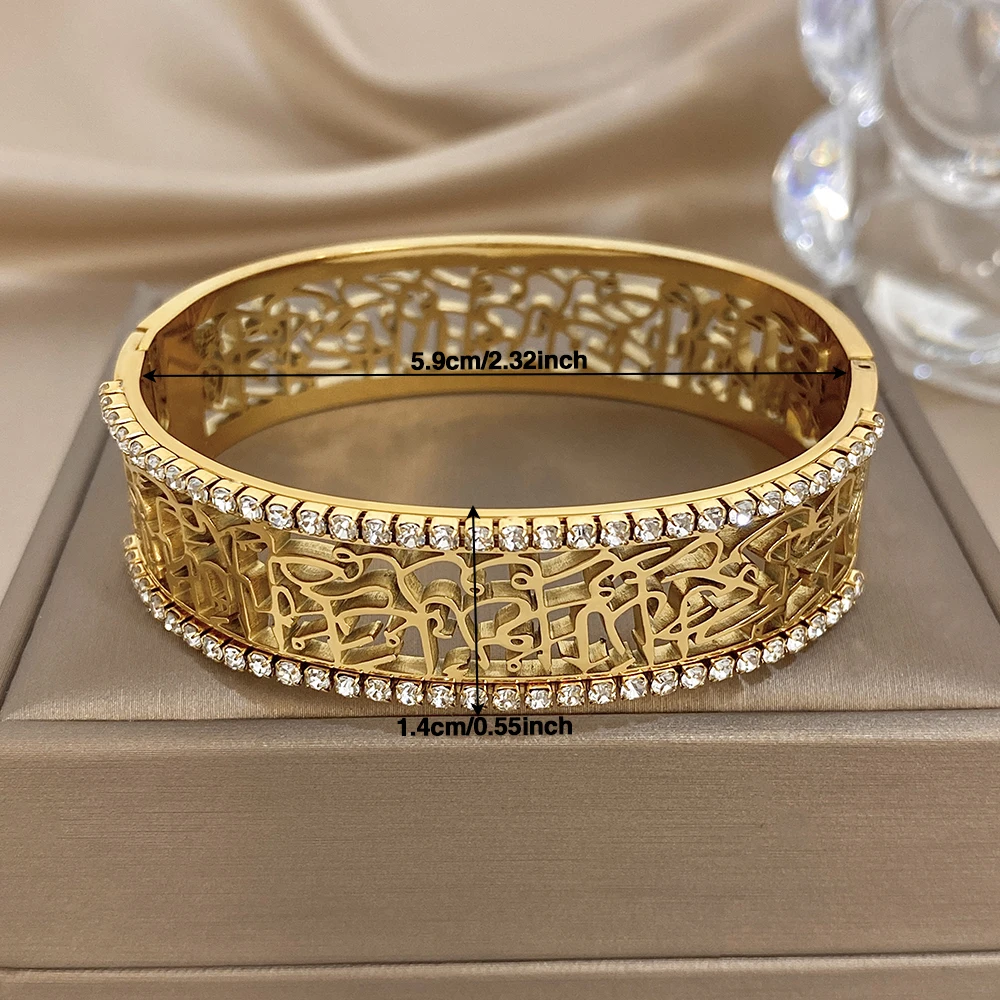 AENSOA High Quality Non-Fading Cuff Bangles For Women Men Unique Exquisite Carving Hollow Out Design Rhinestone Bracelet Jewelry
