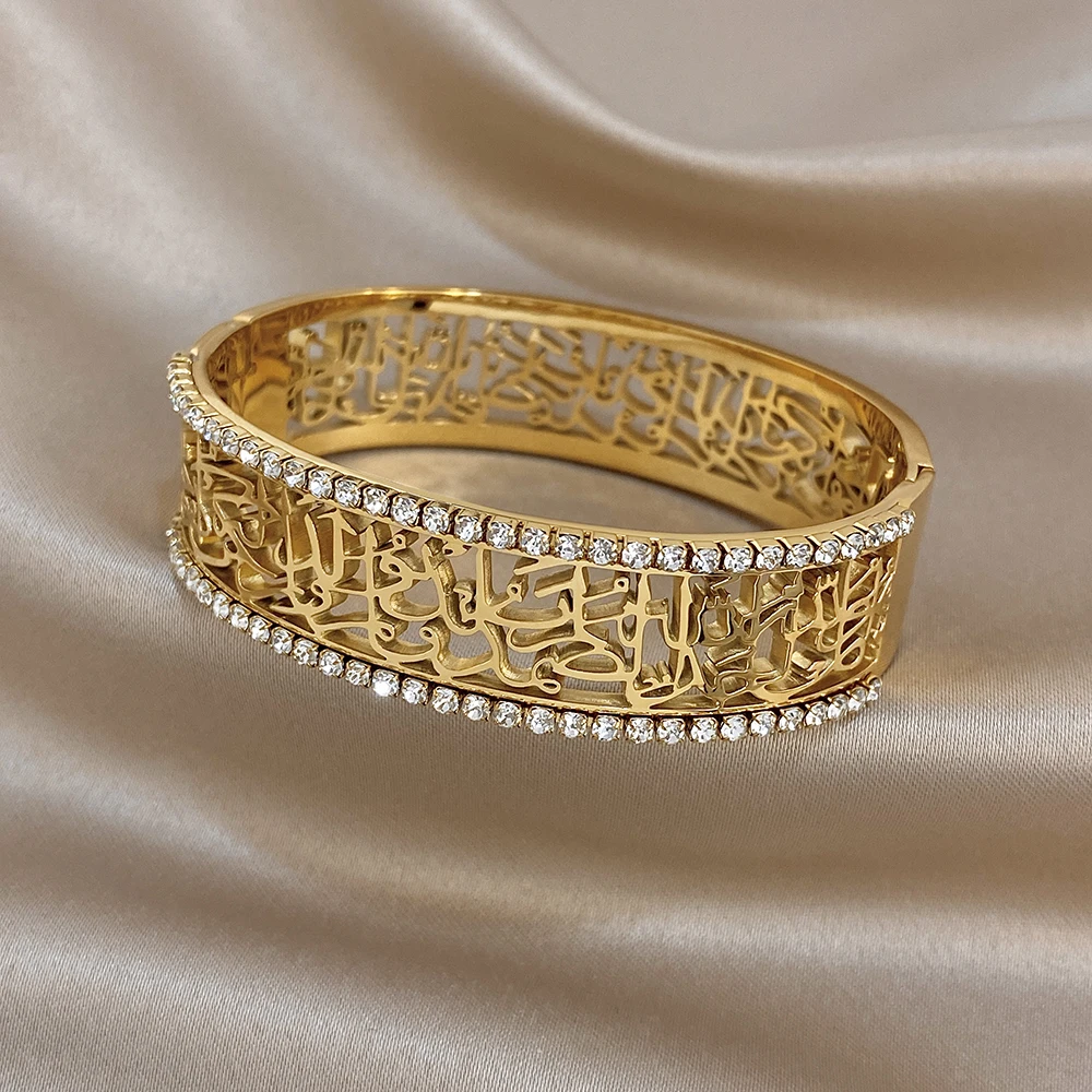 AENSOA High Quality Non-Fading Cuff Bangles For Women Men Unique Exquisite Carving Hollow Out Design Rhinestone Bracelet Jewelry